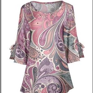 70s Inspired Pink & Purple Abstract Floral Tie- Sleeve Scoop Neck Tunic